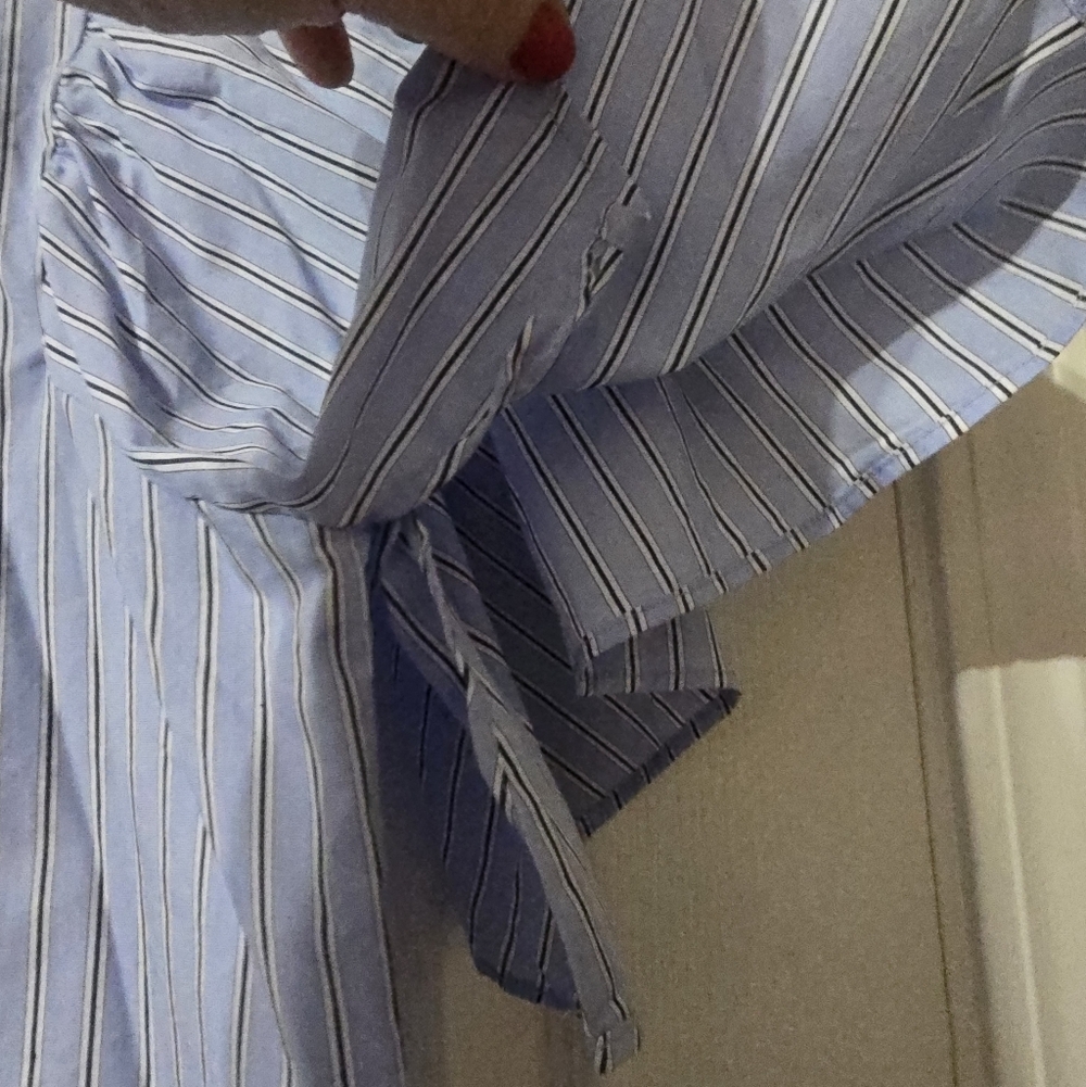 Boxy Striped Puff Sleeve Poplin Cotton Button Down Collared Preppy Top by Rain. - Picture 9 of 10